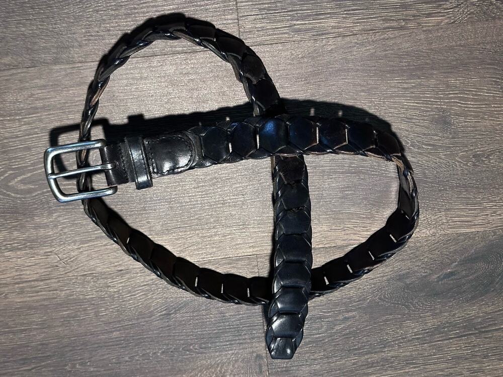 Structure Y2K Black Leather Chain Braided Leather Belt Solid Brass Buckle SZ 38